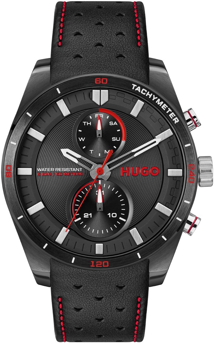 HUGO HU1530370 #FAST Heren Horloge - Mineraalglas - Staal-Leer - Zwart - 44 mm breed - Quartz - Gesp - 5 ATM (douchen)