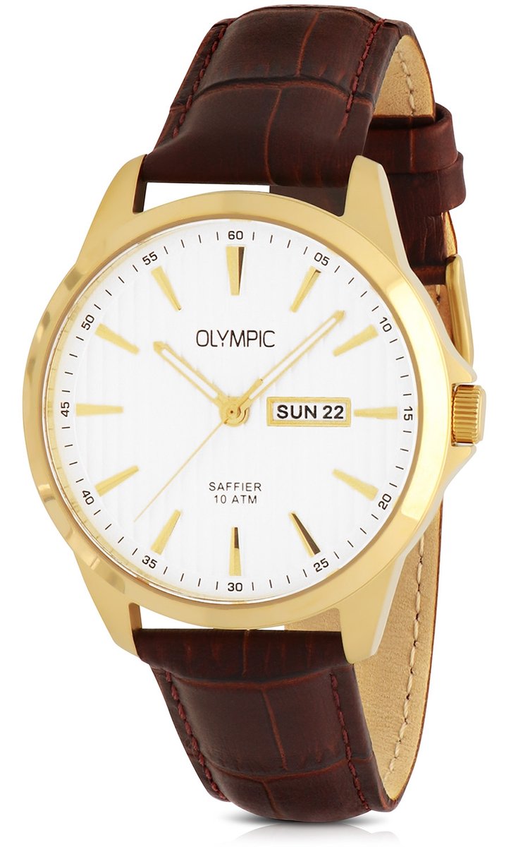 Olympic OL26HDL066 John Heren Horloge - Saffierglas - Staal-Leer - Bruin-Goudkleurig - 41 mm breed - Quartz - Gesp - 10 ATM (zwemmen)