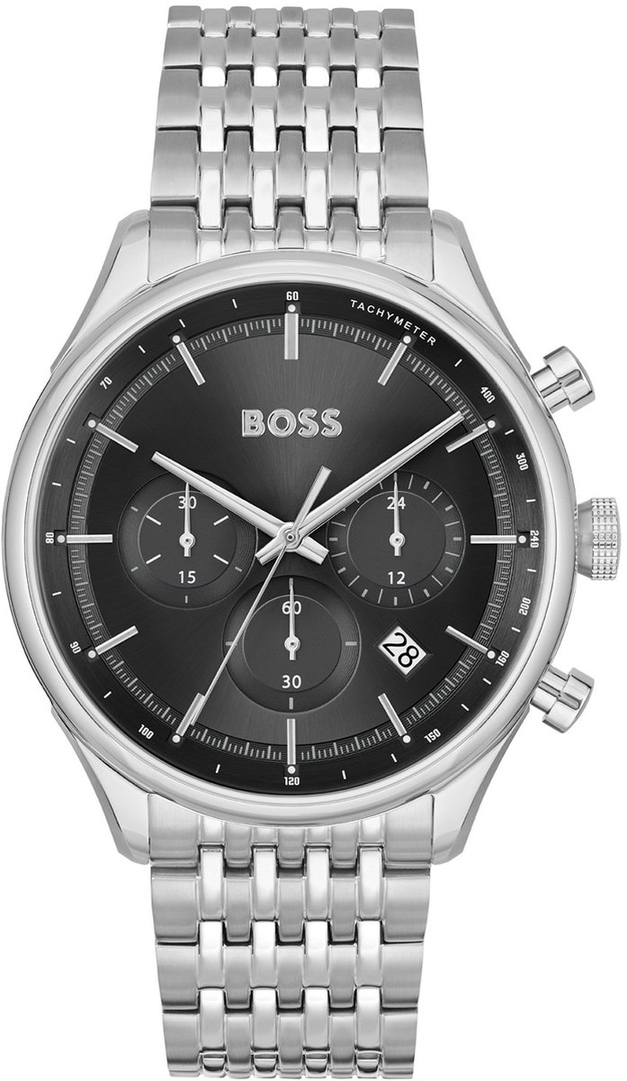 BOSS HB1514082 GREGOR Heren Horloge - Mineraalglas - Staal - Zilverkleurig - 45 mm breed - Quartz - Vouw-Vlindersluiting - 5 ATM (douchen)