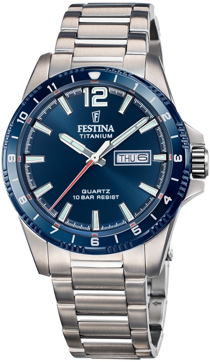 Festina F20698-2 Heren Horloge - Mineraalglas - Titanium-Staal - Zilverkleurig - Ø 43 mm - Quartz - Vouw-Vlindersluiting - 10 ATM (zwemmen)