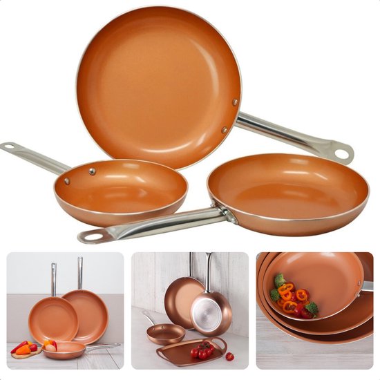 3-delige Koperen Koekenpannen Set - Gesmeed Aluminium - Non-stick Coating - Alle Warmtebronnen - Inductie Geschikt - RVS Handgrepen - Koekenpan Set - Pannenset