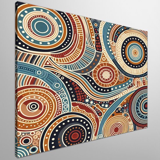 Abstract aboriginal schilderij | Symbiotische symbiose: Een eclectische samensmelting van culturen visueel vertaald | Kunst - 20x20 centimeter op Canvas | Foto op Canvas