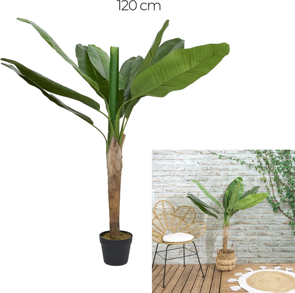 Kunst Bananenplant 120 cm – Realistische Musa Palm in Pot – Tropische Kunstplant voor Binnen & Buiten – Onderhoudsvrije Nepplant / Kunstboom - Sierplant – Groen