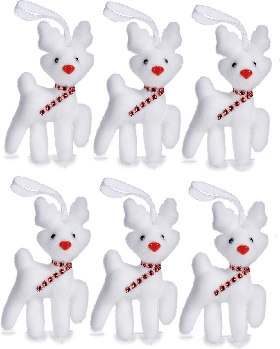 Krist+ Kersthangers rendieren - 6x st - wit - 11 cm - kunststof - kerstornamenten - kerstversiering