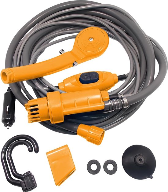 Qbuds Draagbare campingdouche, compacte douchepomp met twee afneembare USB- batterijen, handdouche voor kamperen, wandelen, reizen, noodgevallen (2 batterijen