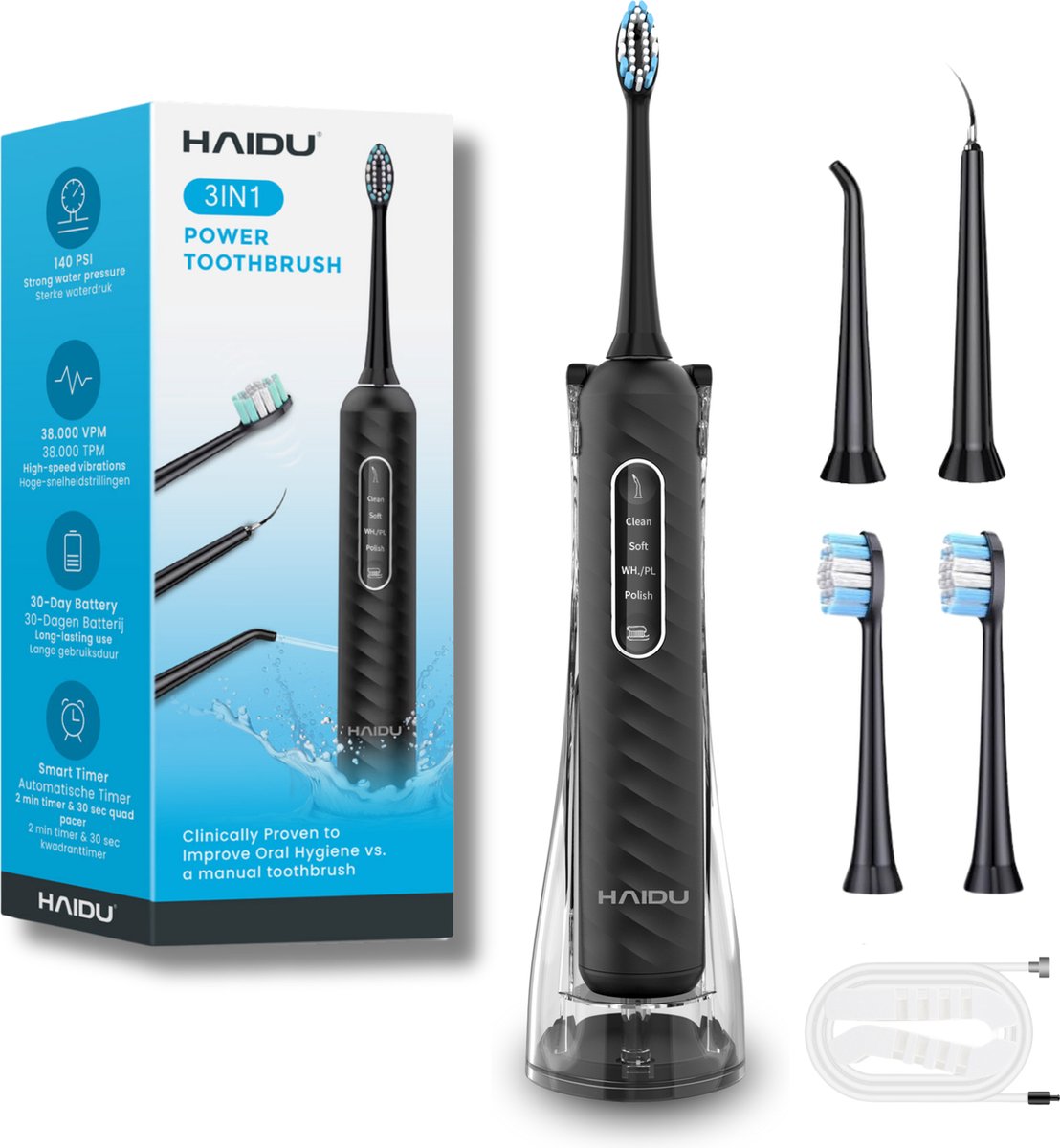 HAIDU 3 in 1 Elektrische Tandenborstel – 3 Verschillende Opzetstukken – 2 Opzetborstels – 180ml Waterreservoir – Monddouche – Zwart