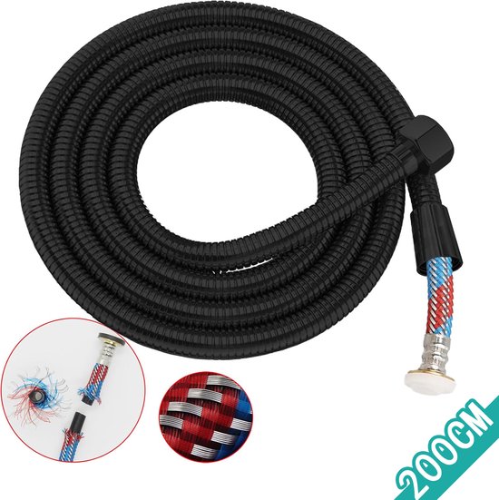 doucheslang, innovatieve en versterkte binnenband, doucheslang 2 m, doucheslang 2M, doucheslangen 200 cm, G1/2 inch-connector Zwart