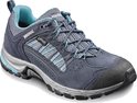 Donkerblauwe lage wandelschoen met turquoise accenten, GORE-TEX logo en veters.