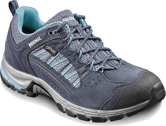 Donkerblauwe lage wandelschoen met turquoise accenten, GORE-TEX logo en veters.