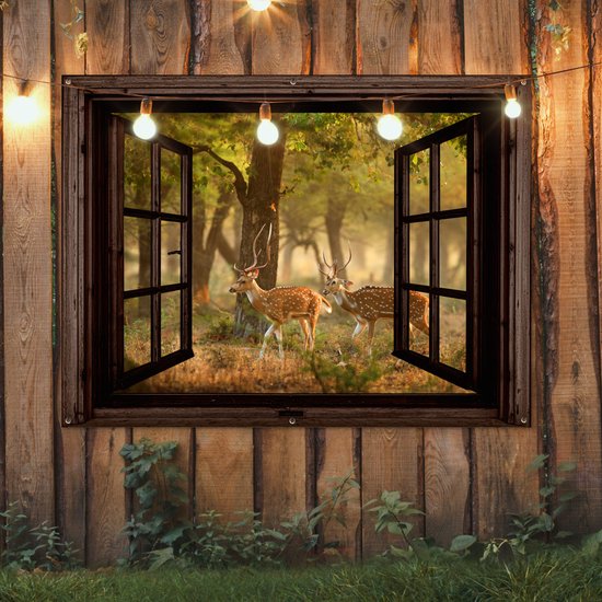 Tuinposter 160x120 cm - Tuindecoratie Herten - Bos - Herfst - Bosdieren - Natuur - Hert - Doorkijk - Poster voor in de tuin - Buiten decoratie - Schutting tuinschilderij - Tuindoek muurdecoratie - Wanddecoratie balkondoek