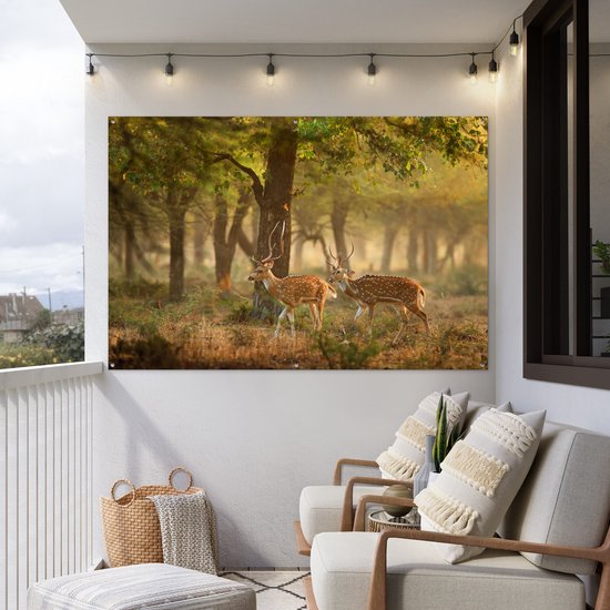 Tuinposter 180x120 cm - Tuindecoratie Herten - Bos - Herfst - Bosdieren - Natuur - Hert - Poster voor in de tuin - Buiten decoratie - Schutting tuinschilderij - Tuindoek muurdecoratie - Wanddecoratie balkondoek