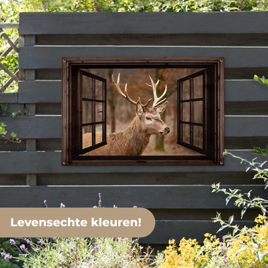 Tuinposter 120x80 cm - Tuindecoratie Hert - Dier - Bos - Herfst - Hertenkop - Bruin - Doorkijk - Poster voor in de tuin - Buiten decoratie - Schutting tuinschilderij - Tuindoek muurdecoratie - Wanddecoratie balkondoek