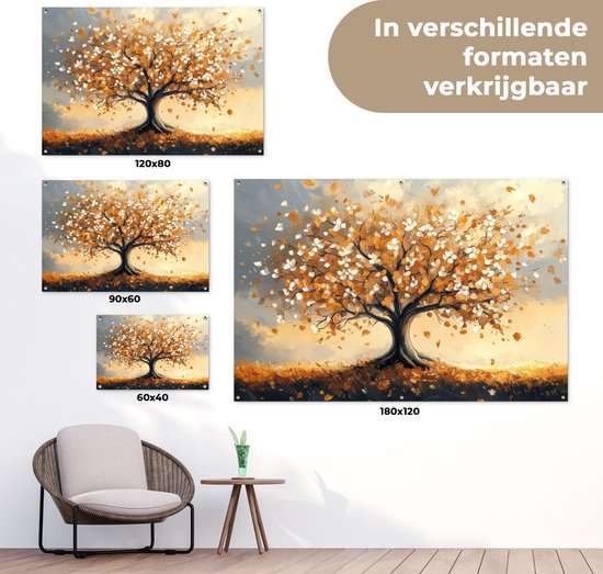 Tuinposter 120x80 cm - Tuindecoratie Herfst - Boom - Oranje - Bladeren - Levensboom - Abstract - Poster voor in de tuin - Buiten decoratie - Schutting tuinschilderij - Tuindoek muurdecoratie - Wanddecoratie balkondoek