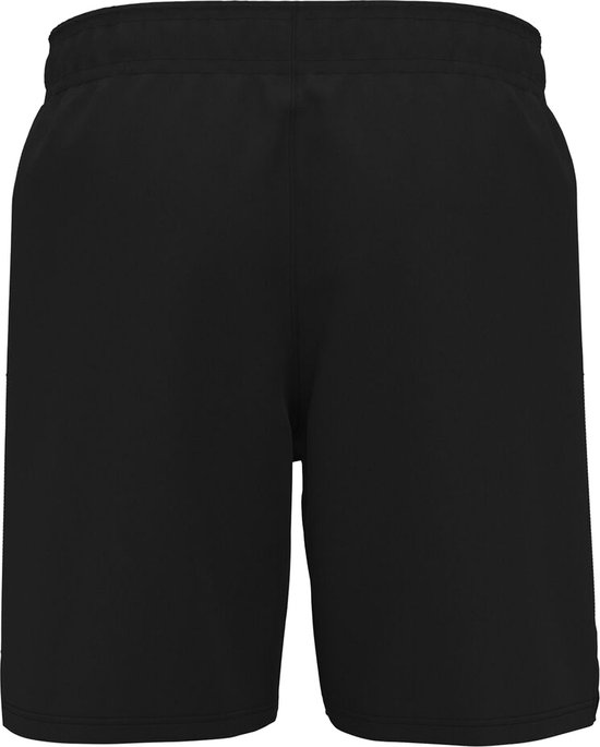 Achterkant van een effen zwarte sportbroek met elastische tailleband.