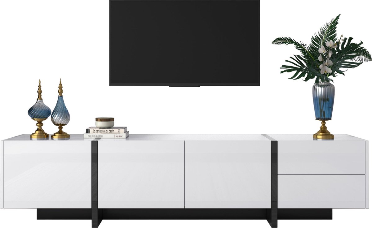 Merax TV-meubel 190 cm – Hoogglans Wit met Zwart – TV Kast met 3 Deuren en 2 Lades
