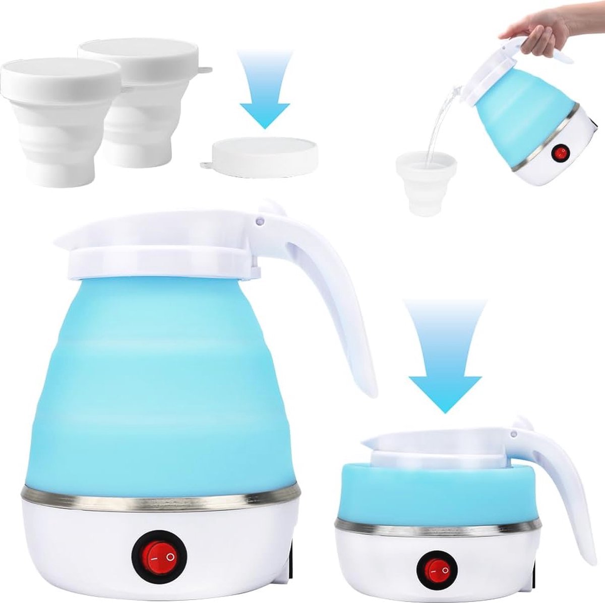 Opvouwbare waterkoker 600 ml met 2 bekers - Draagbare mini waterkoker voor reizen en camping