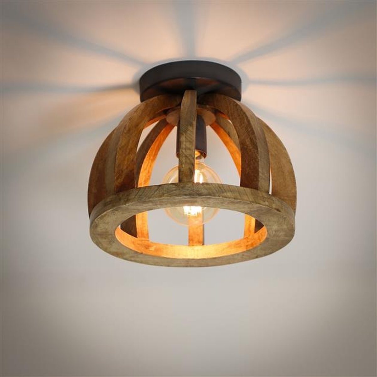 PS-Collection Gebogen Houten Spijl Plafondlamp - 30x30x24cm - Naturel - Mangohout - plafondlampen, plafonniere, plafondlamp zwart, plafond lamp, plafondlamp led, plafondlamp industrieel