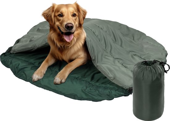 Sac de couchage Navaris pour chien - Coussin chaud pour le camping, les voyages, la promenade, l'extérieur et l'intérieur - Sac de couchage pour chien 10 °C à -5 °C - Vert avec sac de rangement