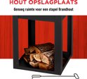 Onderkant van zwarte staal tuinkachel met houtopslag, voorzien van brandhout.
