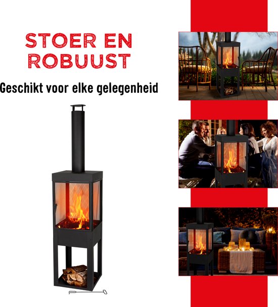 Zwarte staal tuinkachel met brandende haard, stoer en robuust ontwerp, in verschillende settings.