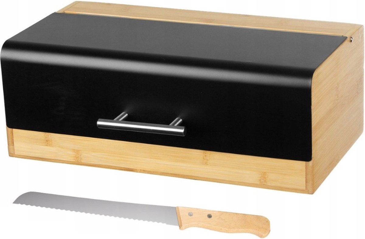 Moderne Zwarte Bamboe Broodtrommel met Stalen Deksel + Gratis Broodmes