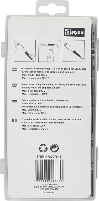 Verpakking Benson Tools krimpkousen. Inhoud: 127 stuks. Met handleiding in NL, GB, DE, FR.