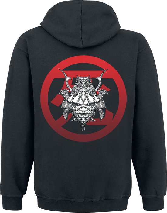 Zwarte hoodie, achterkant met opdruk van samurai-helm in rode cirkel.
