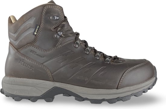 Bruine leren hoge wandelschoen met Gore-Tex, donkerbruine veters en een grijze zool.