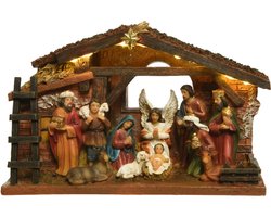 Decoris Complete verlichte kerststal - met beelden - L24 x B7,7 x H15 cm