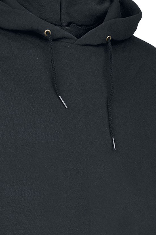 Zwarte hoodie met capuchon, koordjes en metalen oogjes.