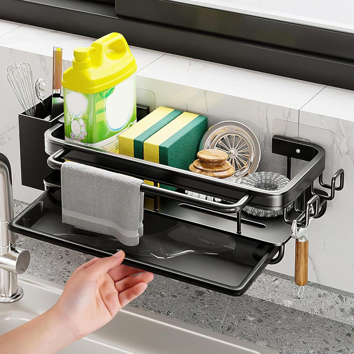 Spoelbak organizer - zwart sponshouder - keuken opslag en organisatie - zonder boren - wastafel organizer - afvoerpan - keukengereihouder sponshouder gootsteen magnetische