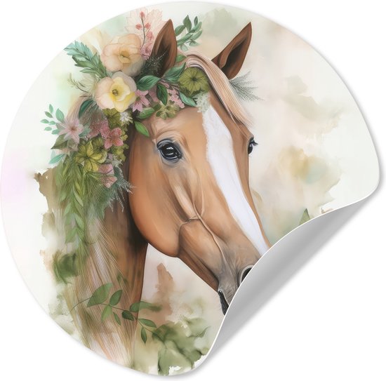 Muurstickers paard - Bloemen - Planten - Dieren - Behangsticker - Behangcirkel zelfklevend - Wandbekleding - Ronde muurdecoratie - 30x30 cm - Muursticker cirkel - Plak stickers - Wall sticker