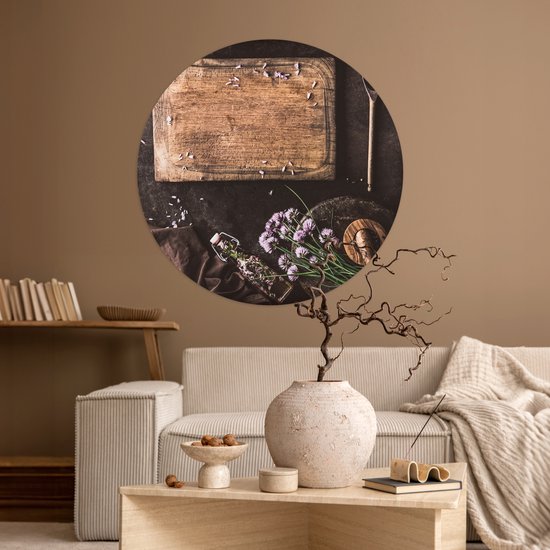 WallCircle® - Behangcirkel 100x100 cm - Muurstickers Snijplank - Kruiden - Lepel - Keuken - Rustiek - Vijzel - Bieslook - Muurcirkel keuken - Wanddecoratie accessoires - Zelfklevend schilderij - Wandcirkel decoratie