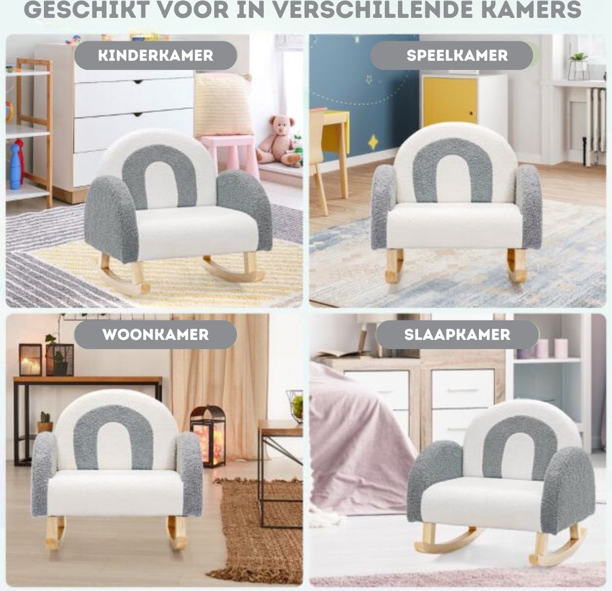 Trendmix Kinderschommelstoel Teddy Grijs – Schommelstoel Kind 3-5 Jaar – Ergonomisch & Zacht – Houten Onderstel – 50,8 × 49,5 × 50,8 cm — afbeelding 6
