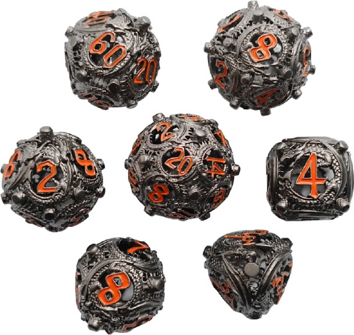 Lapi Toys - Dungeons and Dragons dobbelstenen - DnD Dice - Polydice - Dobbelstenen Dungeons Dragons - Metal dice - Metalen Dobbelstenen - DnD Dice Set - Hollow dice - 1 set (7 stuks) - Metaal - Zilverkleurig - Rood