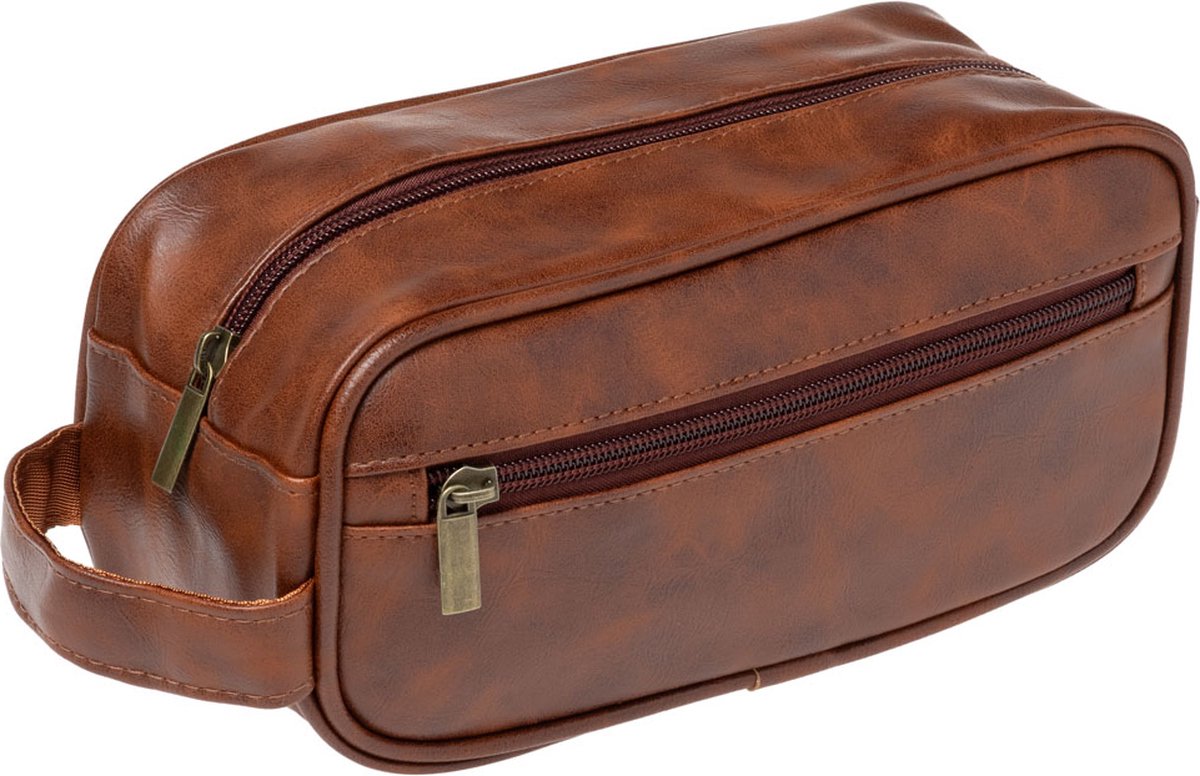 Yucka - Vintage PU leren heren toilettas met haak - Luxe reistas voor hem - Lichtbruin