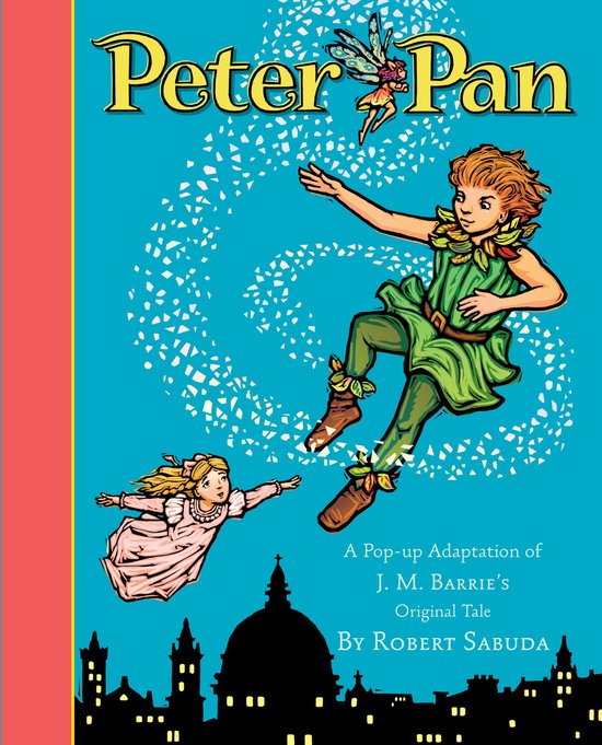 La couverture du livre pop-up Peter Pan montre Peter Pan, Peter Pan et Tinkerbell dans les airs sur fond bleu. Le titre 'Peter Pan' est en haut.