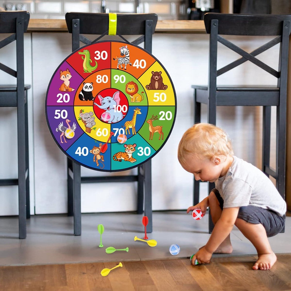 Jeu De Fléchettes Enfants Animaux Double Face - Cible Pliable 66 Cm Avec 8 Balles Collantes, Intérieur/Extérieur Jeu Balles Collantes Enfants
