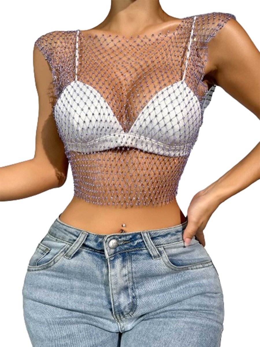 Goedkoopste Diamond Visnet Top - Doorschijnend - Dames - Glitter - Festival - Lingerie