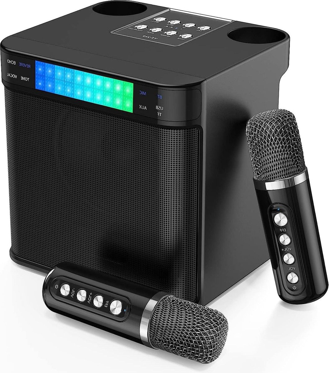 Karaokeset 2023 voor volwassenen en kinderen met 2 draadloze microfoons Draagbare Bluetooth karaoke mic PA-luidspreker systeem met LED-licht TF USB AUX zangmachine voor feesten