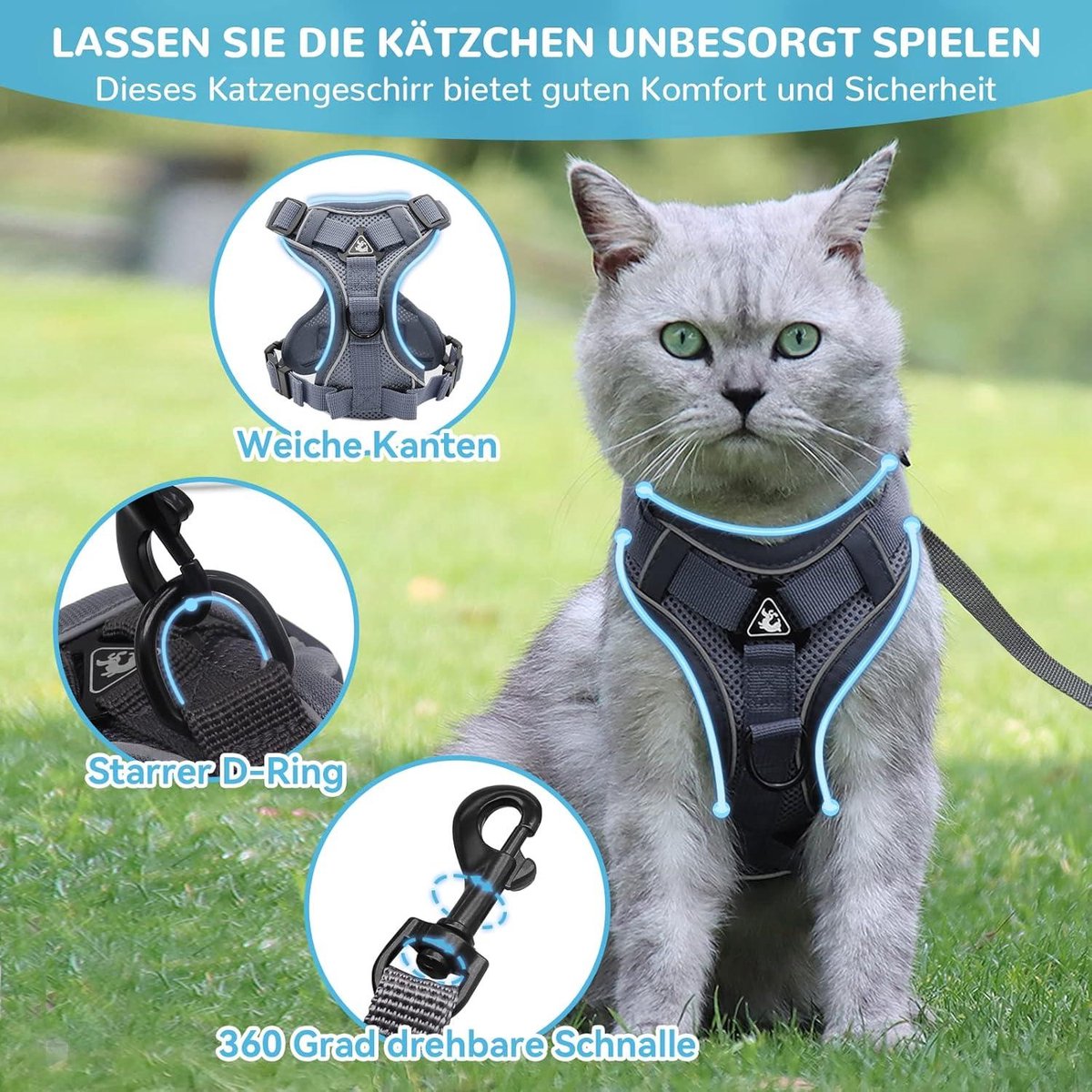 Verstelbaar Kattenharnas – Maat M, Grijs, Borst 34-40 Cm, Ademend Mesh, Reflecterend, Anti-ontsnapping, Met Riem Van 1,5 M