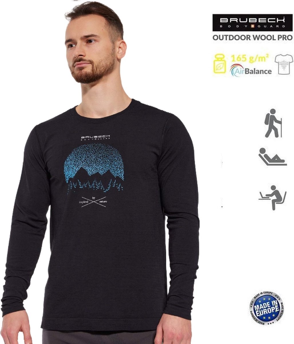 Brubeck Heren Outdoor Pro Wandelshirt Lange Mouw Lichtgewicht en Ademend Merino Wol Blend Zwart