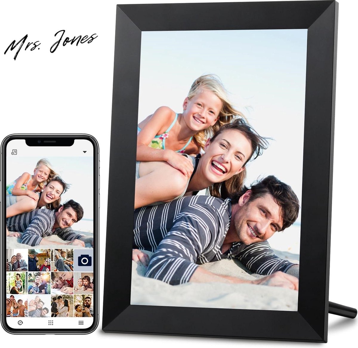 Mrs. Jones Digitale Fotolijst WiFi 10.1 inch IPS Touchscreen met 16GB Opslagruimte - Smart Cloud Fotolijst voor Foto's Delen - Automatisch Roteren - Ophangen aan De Muur Digitale fotolijst