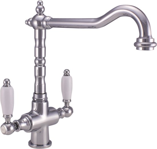 PB Robinet de cuisine country classique nostalgique chrome avec poignées blanches