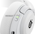 Gedetailleerde weergave van de knoppen op een witte gaming headset, met de tekst '2.4GHz/Bluetooth'.