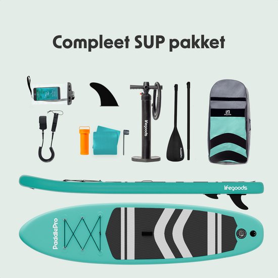 LifeGoods PaddlePro SUP Board - Opblaasbaar Paddle Board - Complete Set - Max. 150KG - 320x81cm - Mintgroen/Zwart