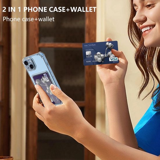 BixB Coque avec Protecteur d'écran en Verre Trempé Convient pour iPhone 15 Coque avec Porte-Carte Siliconen Antichoc Back Cover - Transparent