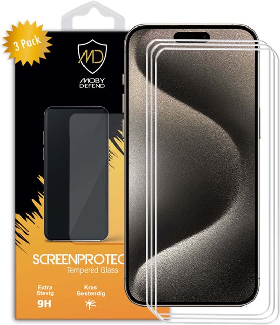 Paquet de 3 Protecteurs d'écran iPhone 15 Pro Max - Économiseurs d'écran en Glas trempé MobyDefend adaptés aux coques - Protecteurs d'écran - Plaques de verre Convient pour : iPhone 15 Pro Max