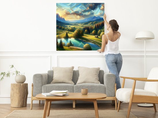 Acryl landschap schilderij | Prismatic Dreamscapes: A Vivid Exploration of Color and Nature | Kunst - 20x20 centimeter op Dibond | Foto op Dibond