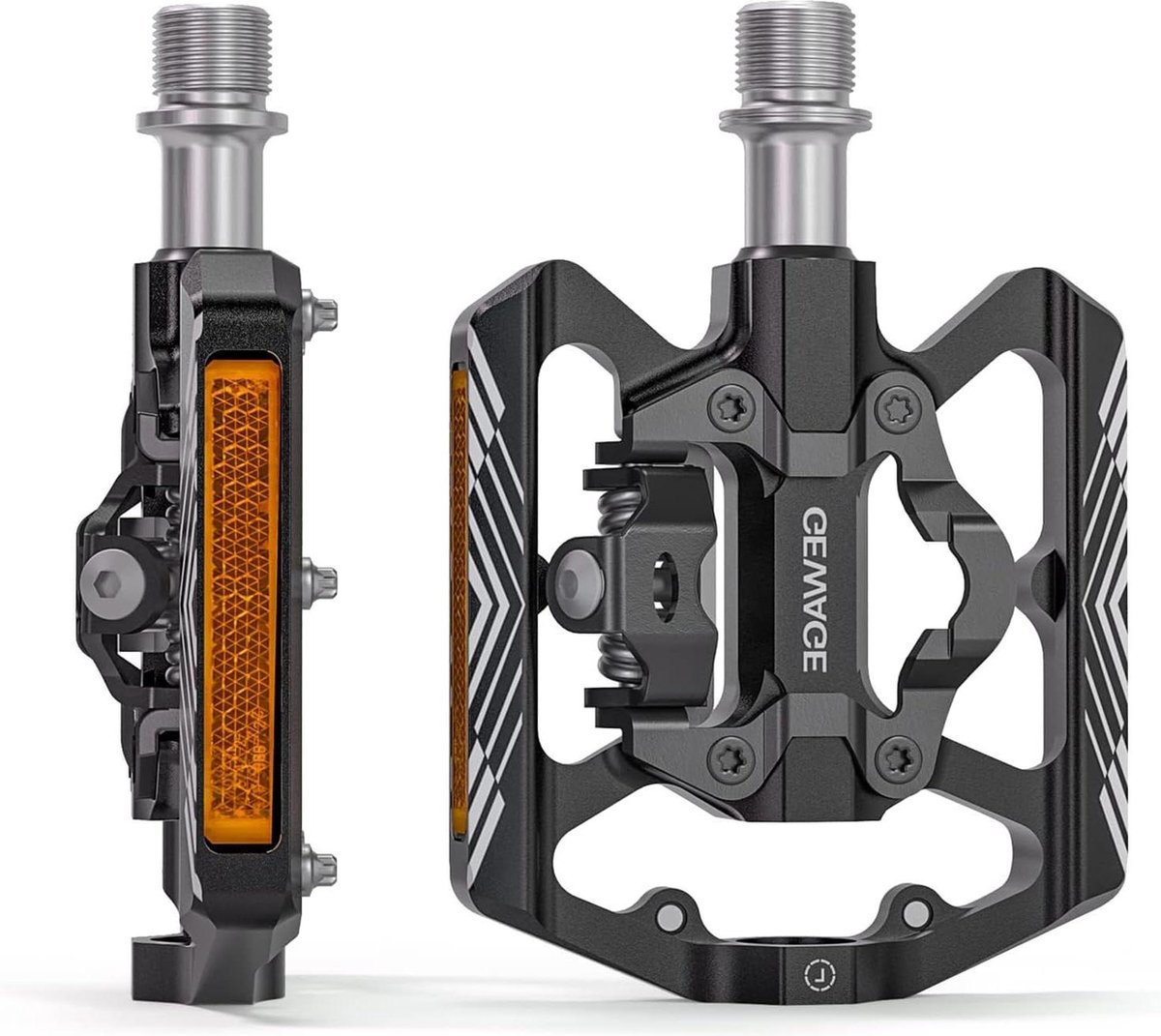 Fietspedalen 2-in-1 plat en SPD-pedalen met reflector - CrMo-schacht voor MTB-fietsen en racefietsen